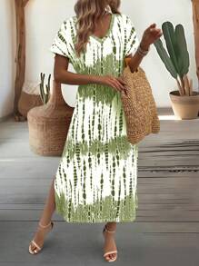 EMERY ROSE Damsommar Ny Avslappnad V-ringad Kortärmad Lös Tie-Dye Mönstrad Klänning med Delad Slit