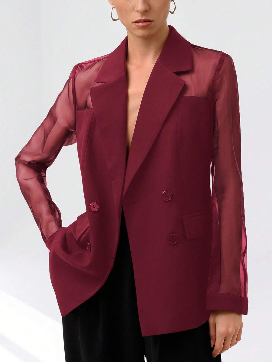 Aveloria Modichic Áo khoác blazer Organza ghép nối cao cấp đa năng, vải mỏng nhẹ, bộ vest trang trọng cài hai hàng khuy cho nữ - Đỏ - Xem 1