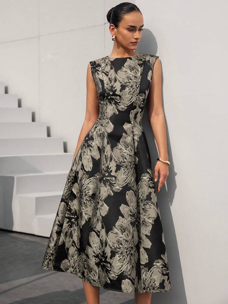 Aveloria Modichic فستان طويل نسائي أنيق مصنوع من قماش جاكار ذو رقبة مربعة وخصر معقود وقصة A-line، ذو تصميم راق وحد أدنى من الكماليات - رمادي - مشاهدة 6