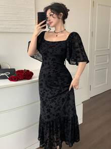 DAZY Đầm nữ dài đến bắp chân, cổ vuông, xếp ly, chất liệu chiffon in hoa, thích hợp cho ngày Valentine, trang phục đi học hoặc đi nghỉ mát. - màu đen - Xem 6