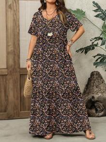 EMERY ROSE Lässiges Ditsy Blumen Urlaubskleid in Große Größen mit Rundhalsausschnitt und Kurzarm, geeignet für den Sommer