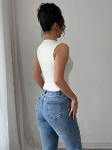 Elenzga Camiseta sin mangas con cuello en V y botones frontales, elegante para el trabajo en verano - Albaricoque - Ver 2