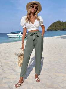 EURMUSE Solid Tie Front Trousers - Mint Green - View 4