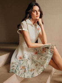 Anewsta Váy sơ mi lưới in hoa tay ngắn một hàng khuy cho nữ, mùa hè - Màu be - Xem 4