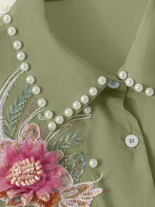 Seusyu 刺绣串珠宽松女式衬衫，春夏甜美风格 - 綠色 - 查看 3