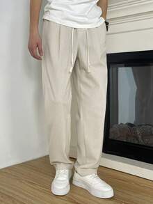 Manfinity Homme Men's Solid Color Drawstring Waist Pocket Straight Loose Casual Pants - Beige - View 5
