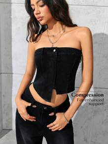 Flexra Women's Black Knit Denim Bodycon Crop Tube Top - Black - View 4