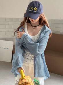 Dazy Kids 少女休闲宽松格子前扣连帽夹克