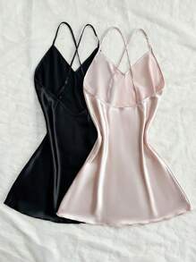 2pcs Set Solid Color Cross Strap Satin Ladies Nightgown, Dual-Color