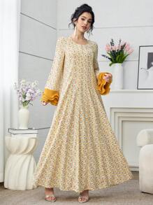 Yasmyna 女士优雅花卉印花泡泡袖褶皱拼接连衣裙，迷人阿拉伯风格，春夏 - 彩色 - 查看 6