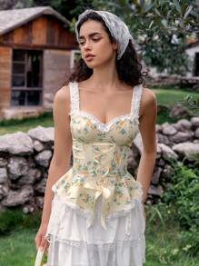 SHEIN 1pc Women Floral Print Ruffle Edge Tie Front Bodysuit - Multicolor - View 4