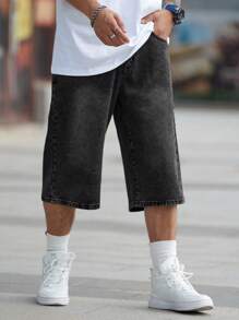 Manfinity Homme Pantaloni scurți din denim pentru bărbați, cu buzunar, lejer, casual, versatil, cu picior larg, stil streetwear - Gri - Vizualizare 7