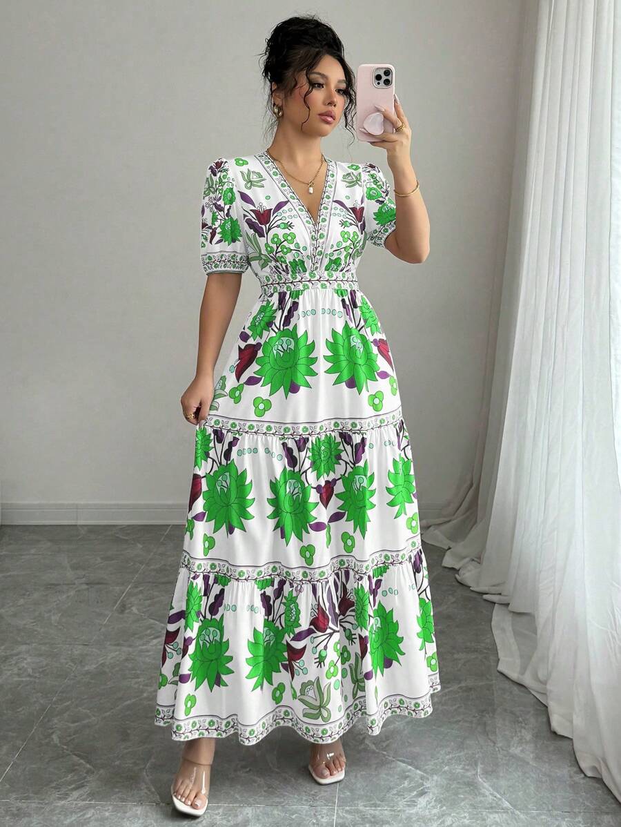Elenzga 女式V领花卉印花泡泡袖连衣裙，度假风格 - 彩色 - 查看 1