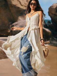 New Arrival Summer Women's Bohemian Style Vacation Retro Vacation Style V-Neck Semi-Sheer Lady Camisole Lotus Leaf - Orange - View 3