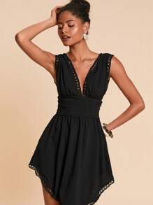 Travachic Guipure Lace Trim Plunging Neck Ruched Waist Dress - Black - View 5