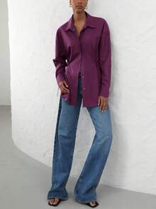 Aveloria Modichic Áo sơ mi dài tay thường ngày cho nữ, dáng rộng rãi có thể điều chỉnh, cổ ve áo thiết kế bất đối xứng, thoải mái khi đi làm - Màu Đỏ Sâu - Xem 3