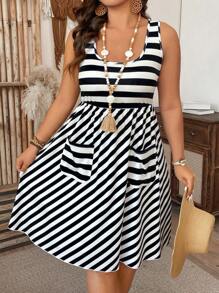 SHEIN LUNE Vestido de línea A con cuello redondo sin mangas, parches a rayas y bolsillos para uso al aire libre, talla grande - Negro - Ver 6