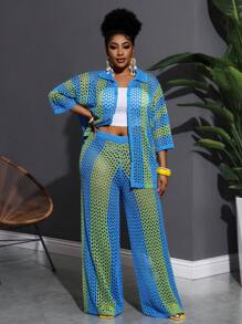 Slaydiva 大码2025新款时尚度假休闲镂空无领长袖开衫+阔腿裤蓝绿色针织两件套女毛衣套装 - 彩色 - 查看 7