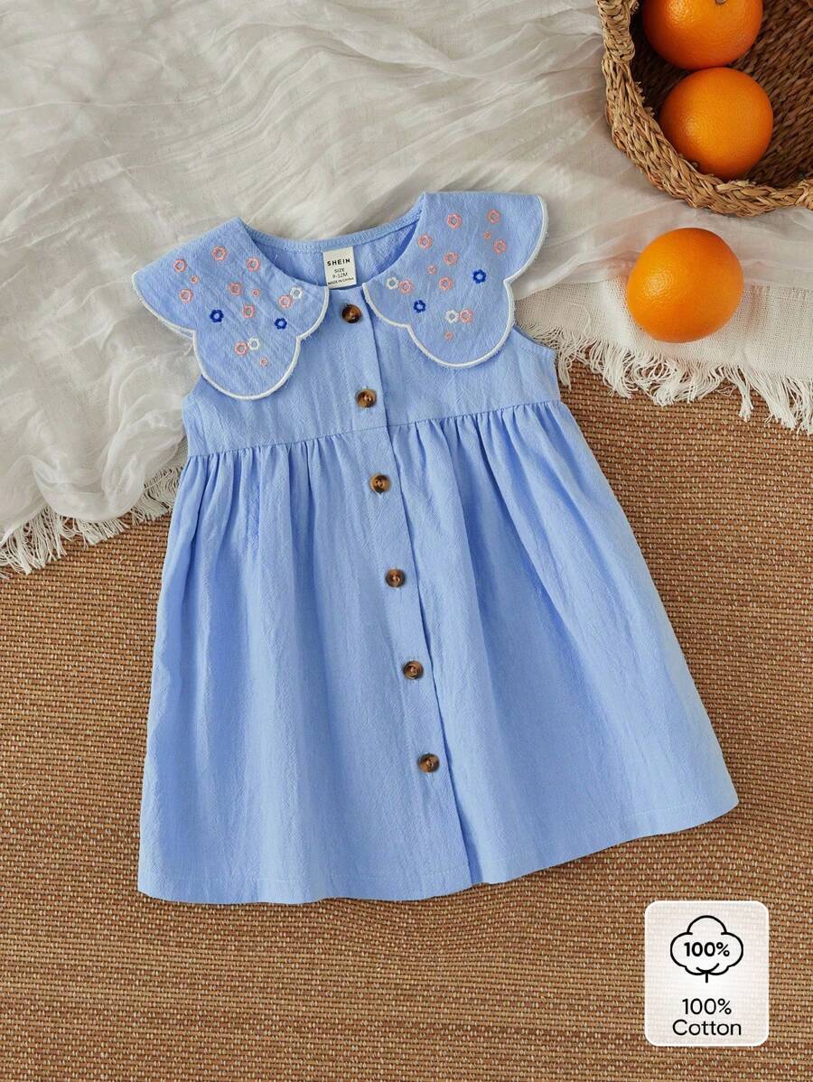 SHEIN Vintaside Kids 夏日新款高品質刺繡背心嬰兒女裝，簡約鄉村風格，竹棉A字型無袖連身裙，前開全扣式設計 - 藍色 - 查看 1