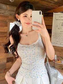 DAZY 女款碎花蕾絲網紗吊帶上衣 度假穿搭 夏季日常 白色與藍色碎花可愛圖案T恤 - 藍色 - 查看 7