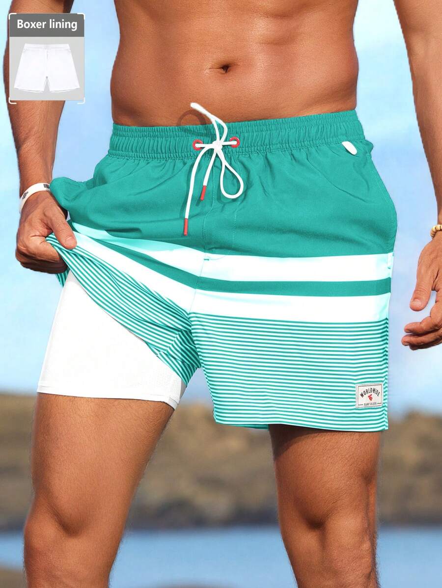 Manfinity VDAYZ Men Loose Striped Beach Shorts In Vacation Style Milk Silk Lining - Green - View 1