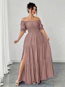 Elenzga Đầm Maxi hở vai màu xanh denim trơn cỡ lớn cho nữ, eo chun, thanh lịch, thường ngày, xẻ tà, xuân/hè - Bụi hồng - Xem 3