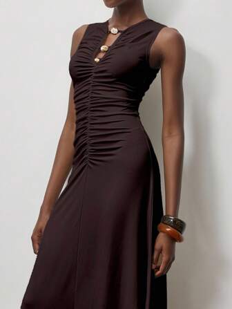 Lumivelle Women's Sleeveless Hollow Out Pleated Beaded Long Dress, Figure Flattering, Spring/Summer