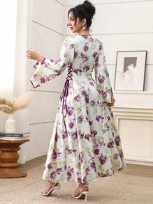Yasmyna Floral Patchwork Tie-Waist Arabic Style Dress For Women, Homewear Jalabiya - Multicolor - View 6