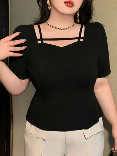 Dazy Plus 纯色短袖不对称领黑色T恤，夏季