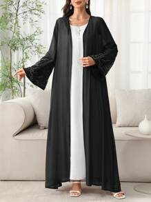 SHEIN Najma Spring/Summer Loose Viscose Maxi Abaya With Pearl Embroidered Floral Trim, Open Front & Cuffs - Black - View 7