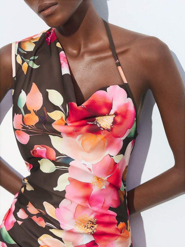 SHEIN Maija 女性用エレガントな花柄オールオーバープリントバックレスドレス、夏の女性用ドレス 誕生日 カジュアルドレス 仕事 夏ドレス 女性用夏ドレス ビーチアウトフィットドレス