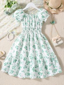 SHEIN Sparklyn Tween Girl Floral Print Puff Sleeve Ruffle Hem Dress,Holiday,Summer,Travel - Green - View 2