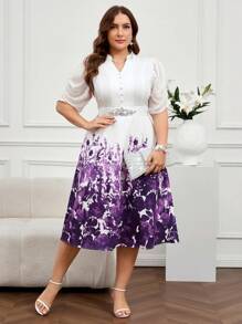 Reflora 大码优雅花卉印花缺口领夏季连衣裙 - 紫色 - 查看 9