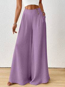 Chiquease Fall Women Clothes Women's Solid Color High Waist Button Design Pleated Wide Leg Loose Pants - Mauve Purple - View 6
