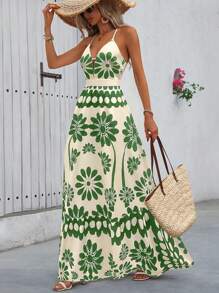Breezaya 女式度假休闲交叉后背吊带连衣裙，全身印花图案