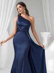 Coutiva 女士优雅纯色不对称领口紧身晚礼服 - 藏蓝色 - 查看 6