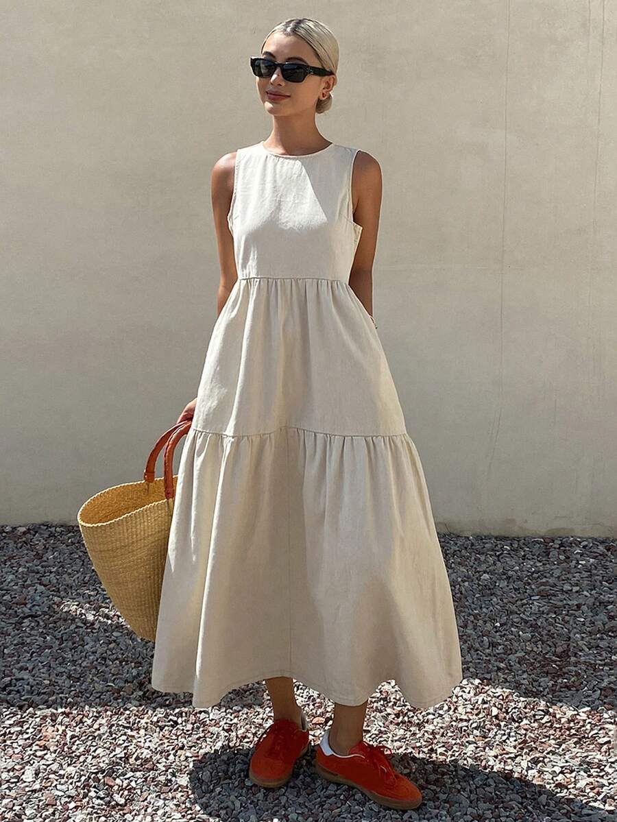 DAZY 新款春季度假牛仔连衣裙，适合女士/女孩夏季穿着，可作吊带裙 - 杏色 - 查看 1