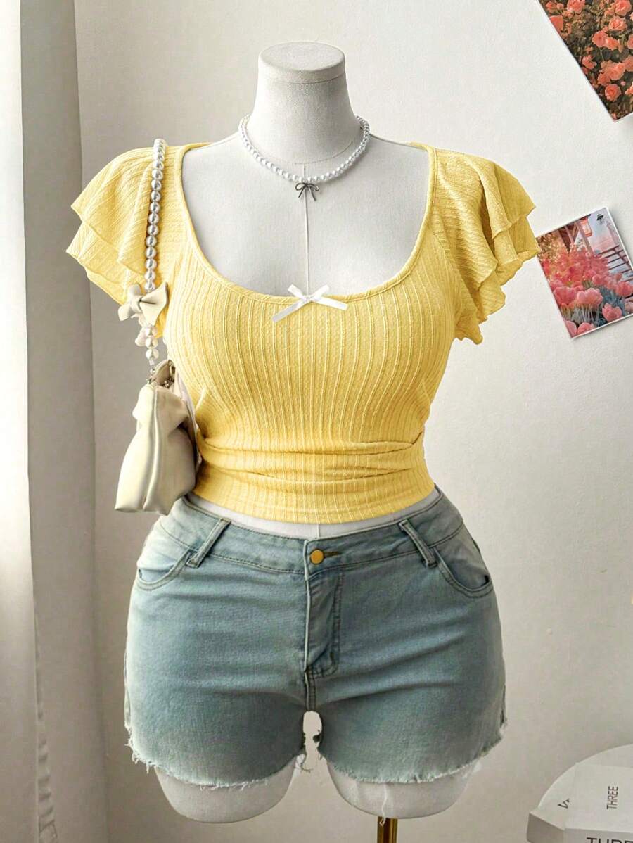 Sweetra 大码女式纹理针织圆领复古优雅可爱蝴蝶结 T 恤，黄色上衣，春夏 - 黃色 - 查看 1