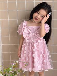SHEIN Young Girl Square Neck Hollow-Out Loose Casual Dress - Pink - View 5