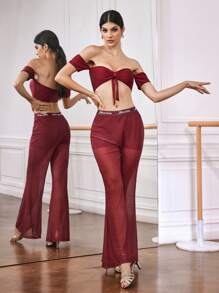 Menodora SHEIN Sport 女士简约纯色前扭短袖运动文胸 - 酒紅色 - 查看 5