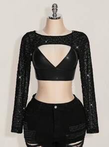 SHEIN ICON Plus Size Extra Cropped Long Sleeve Top With Rhinestone Embellished Mesh Overlay, Y2K Style,Club Outfits Women Sexy,Going Out Tops Women