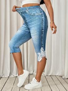 SHEIN Tall CURVE Plus Size Jean Print Lace Trim Leggings Women S Clothes Woman S Summer Clothes Women S Bottoms