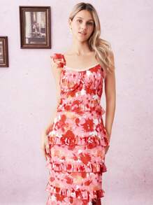 SHEIN Clasi Women's Elegant Chiffon Maxi Dress, European And American Style Ruffled Layered Flowy Floral Print Drawstring Waist Dress - Pink - View 3