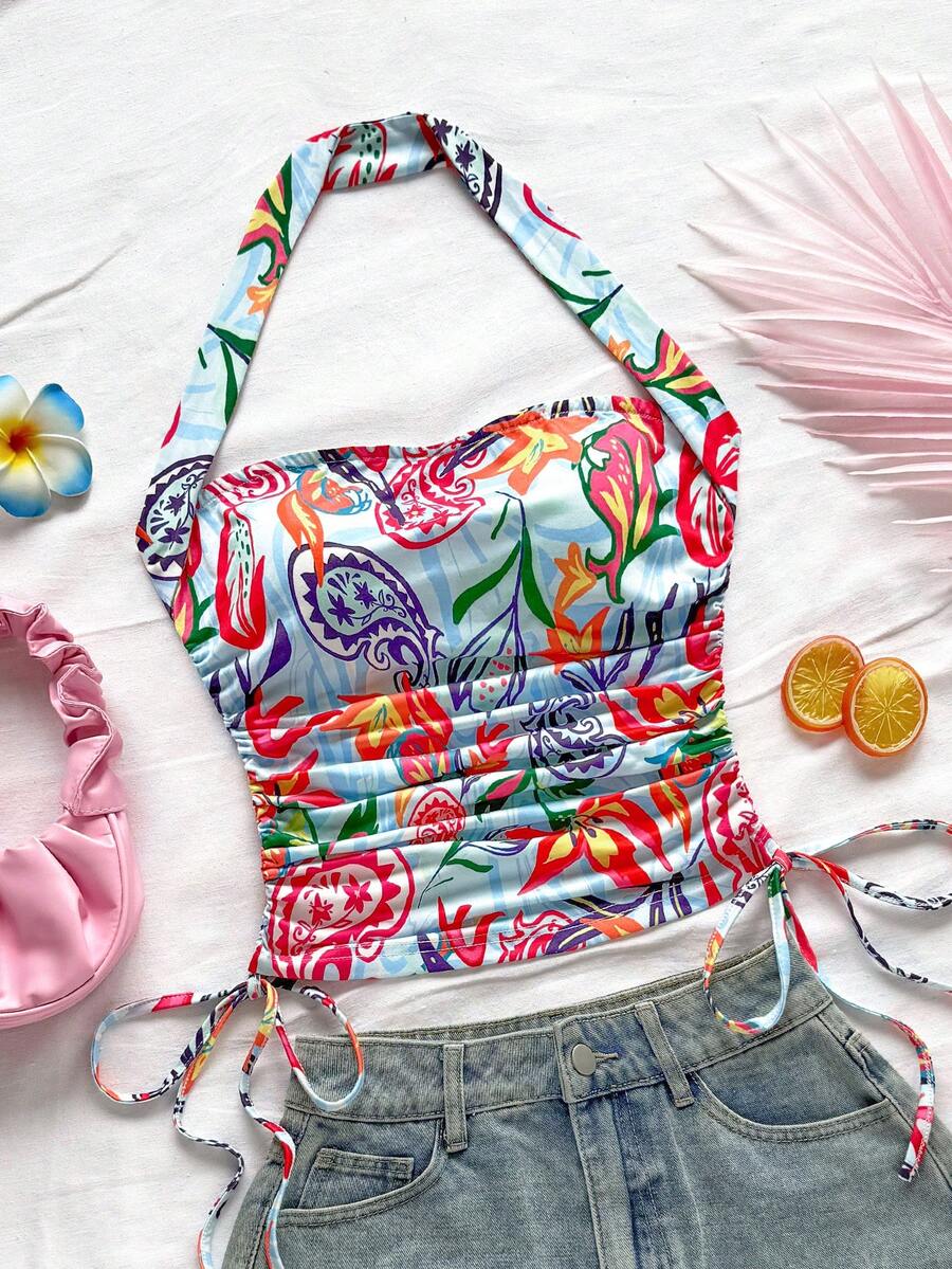 Soleia Nouveau style Débardeur de vacances à fines bretelles avec cordon pour femmes - Multicolore - Voir 1