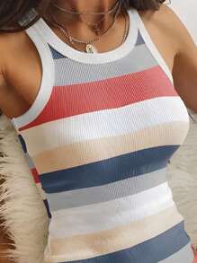 INAWLY Women's Sleeveless Round Neck Striped Short Dress With Trim Detail - Multicolor - View 3