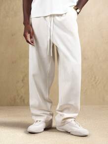 Pantalones rectos de estar en casa con cintura con cordón, ligeros y relajados, para hombre - Beis - Ver 7