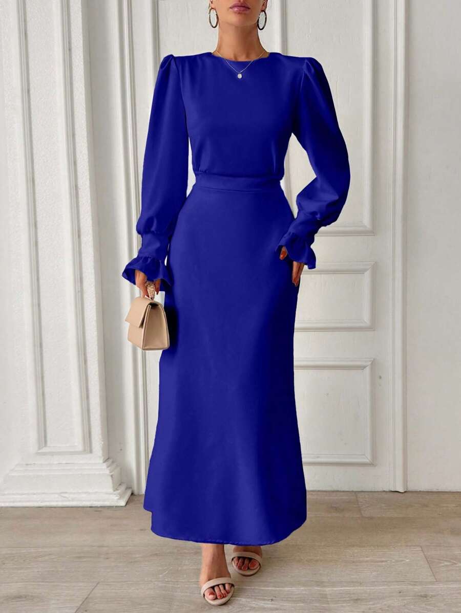 EURMUSE Frenchy Frill Sleeve Maxi Dress With Lining - Royal Blue - View 1