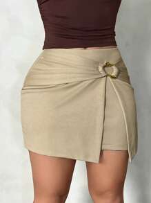 SHEIN SXY 夏季杏色二合一裹身开衩优雅半身裙 - 杏色 - 查看 6