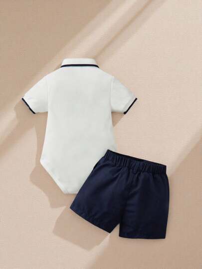 Souflis Souflis 男婴 Polo 领拼接短袖连体衣和短裤休闲套装