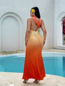 Flirla Robe longue asymétrique à col ombrée pour femmes grande taille - Orange - Voir 2